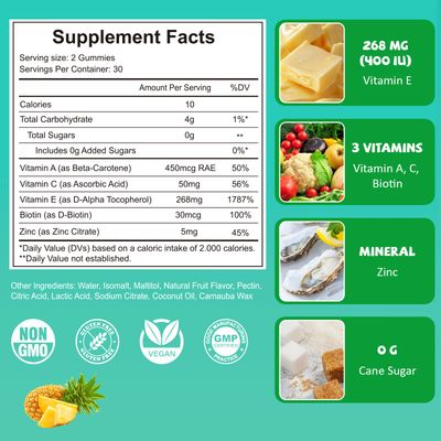 PYUNAFIT Vitamin E 400 IU Gummies for Women, Vitamin E Chewable Supplement with VIT A, C, Biotin, Zinc, Powerful Antioxidant, Skin Hair Health, 60 Count