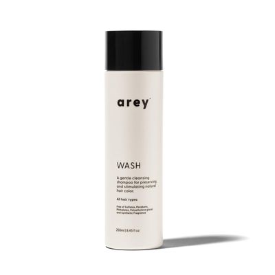 Arey Wash Shampoo Delay Reduce the Signs of Aging Grey Hair and Promote Healthier Strands Proactive Clean Formula with Mela-9 Complex Vegan, Gluten-Free Cruelty-Free (8.45 Fl Oz, 30 Uses)