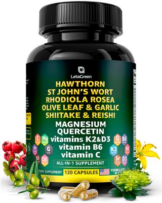 LetaGreen Organic Hawthorn Berry Capsules - Hawthorn Berry with St Johns Wort Rhodiola Rosea Olive Leaf Shiitake Reishi Mushroom Quercetin Vitamin C, D3, K2, B6 Magnesium (120 Count)