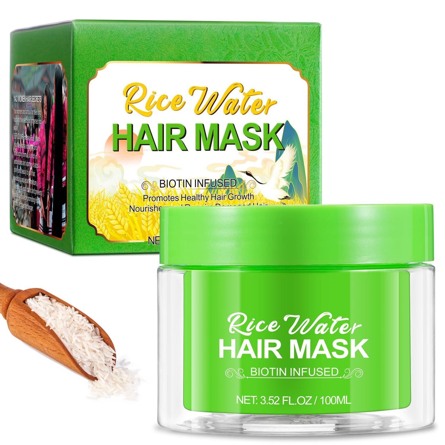 RTBYUE 3.52 fl.oz Rice Water Hair Mask, Hair Masque with Rosemary, Biotin, Caffeine for Dry Damaged hair, Deep Conditioning Mask Hair Treatment for Women Men Hair Loss (Rice-100ml)