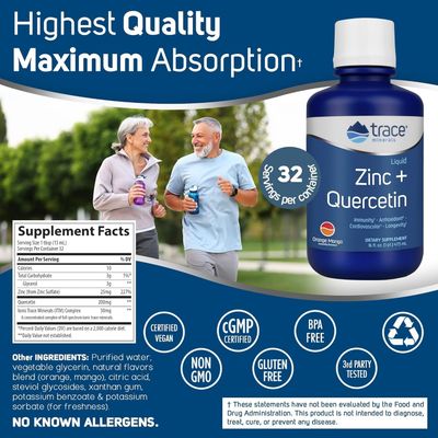 Trace Minerals Liquid Zinc Plus Quercetin - Digestive Immune Health Supplement - Mineral Supplement with Zinc Quercetin - Antioxidant Heart Health Support - Orange Mango, 16 fl oz (32 Servings)