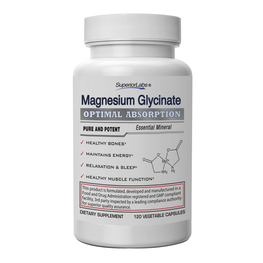 Superior Labs - Magnesium Glycinate - 1250 mg, 120 Vegetable Capsules - Essential Mineral - Maintains Energy - Healthy Bones and Muscle Function- Relaxation Sleep