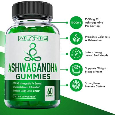 Atlantis Nutrition Ashwagandha Gummies - 1500 MG Per Serving - Promotes Calmness, Improves Mood, Boosts Energy Levels Strengthens Immune System - Formulated with Vitamin D Zinc - Vegan 60 Count