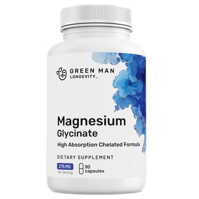 Green Man Longevity Magnesium Glycinate, 100 Chelated, High Absorption, 90 Capsules, Natural, Non-GMO, Gluten-Free, Vegan, Manufactured in The USA, Third-Party Tested, Easy on Sensitive Stomachs