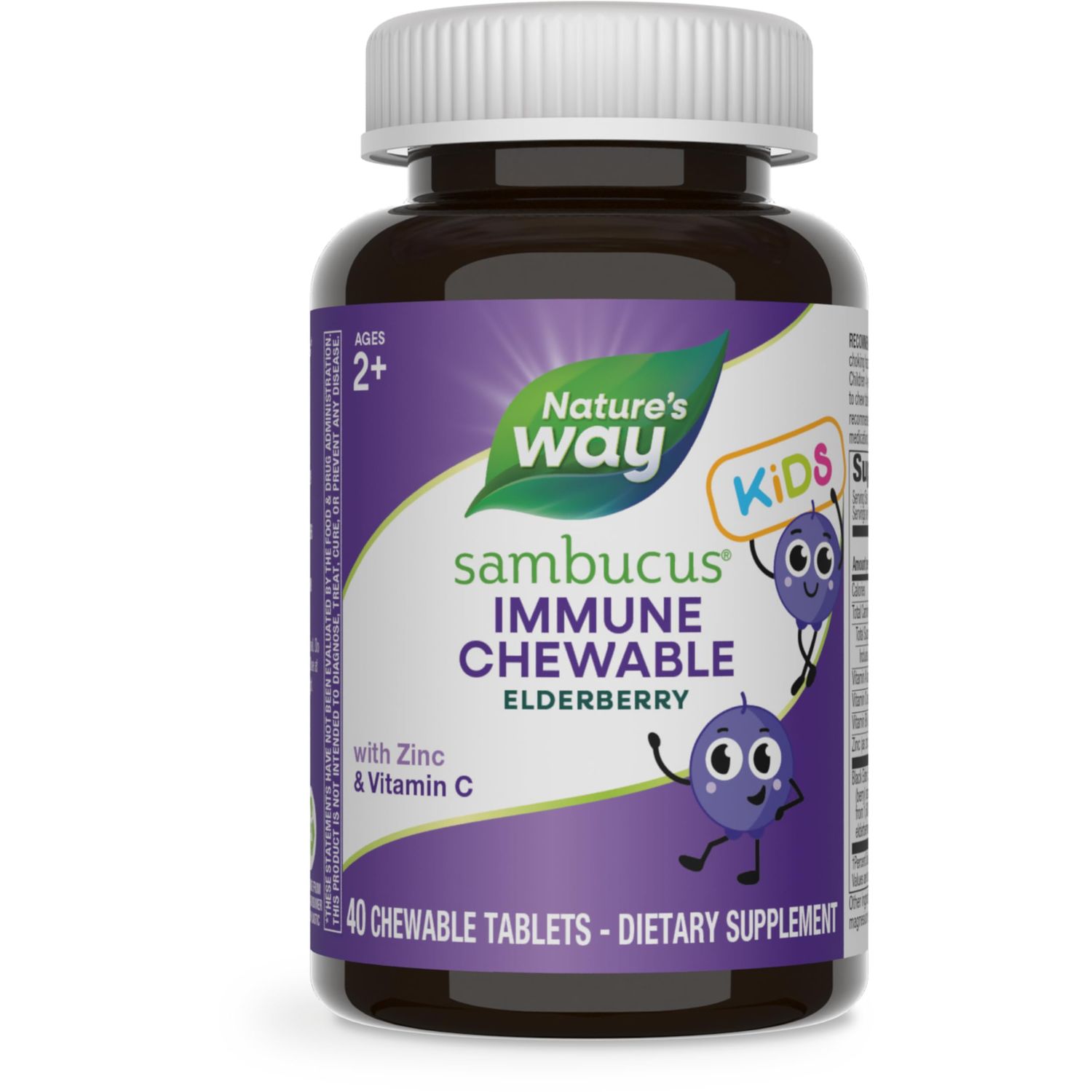 Nature&#39;s Way Sambucus Immune Chewable for Kids, Elderberry, Ages 2, Immune Support, Vitamins C A, Zinc, Gluten Free, 40 Chewable Tablets (Packaging May Vary)