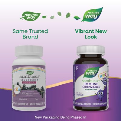 Nature's Way Sambucus Immune Chewable for Kids, Elderberry, Ages 2, Immune Support, Vitamins C A, Zinc, Gluten Free, 40 Chewable Tablets (Packaging May Vary)