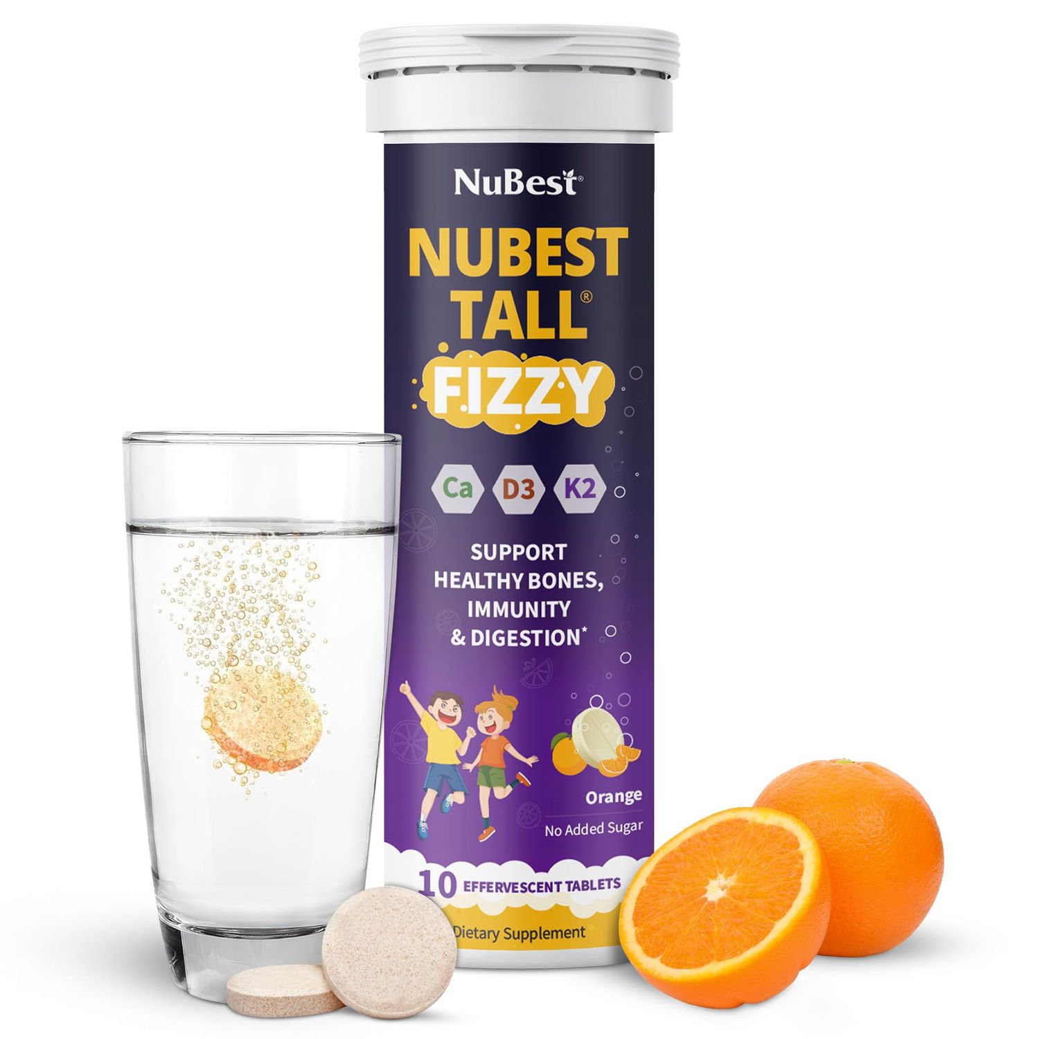 NuBest Tall Fizzy - Bone Strength, Immunity, Digestive Health for Kids Teens Probiotic, Calcium, Magnesium from Red Marine Algae, Vitamin D3, K2 Zinc 10 Orange Effervescent Tablets - Ages 4