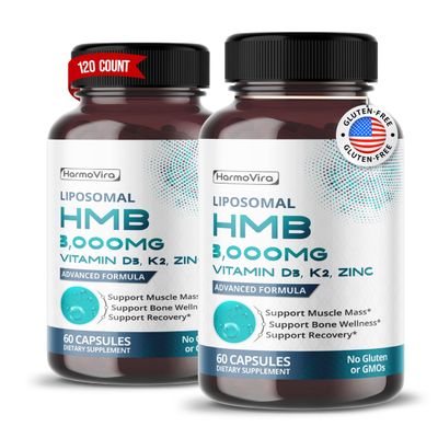 Liposomal HMB with Vitamin D3, K2 Zinc - Advanced Formula - Supports Muscle Mass, Bone Wellness Recovery - 60 Capsules (Pack of 2) - No Gluten or GMOs - Made in The USA