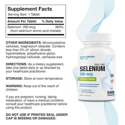 Puregen Labs Selenium 200 mcg Yeast Free Essential Mineral - 500 Vegetarian Tablets Immune Antioxidant Support Non-GMO, Gluten Free, Made in USA