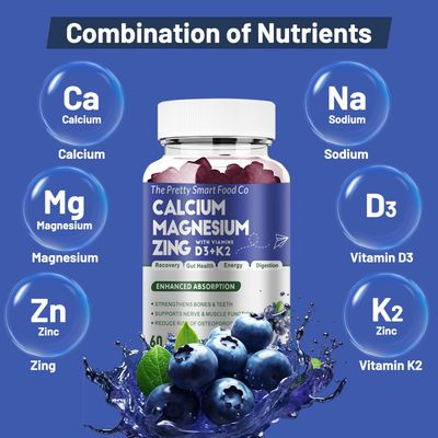 Calcium Magnesium Zinc Gummies with Vitamin D3 K2 for Bone, Muscle Immune Support - High Potency Enhanced Absorption - 60 Blueberry Gummies