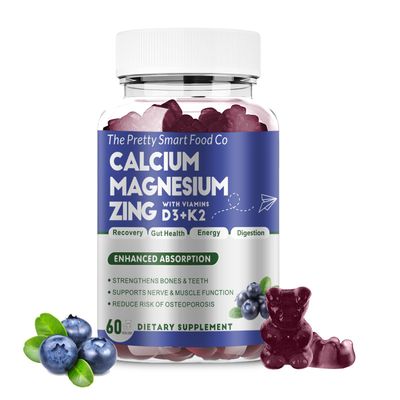 Calcium Magnesium Zinc Gummies with Vitamin D3 K2 for Bone, Muscle Immune Support - High Potency Enhanced Absorption - 60 Blueberry Gummies