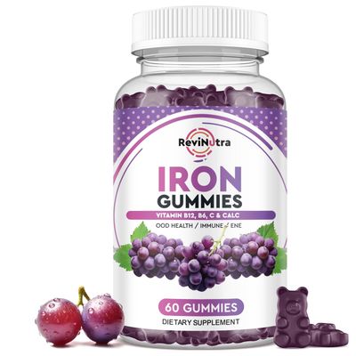 Iron Gummies - with Calcium, Zinc, Folate Vitamin B12, C, B6 for Adults Kids - Blood Builder Energy Support for Iron Deficiency, Anemia, Vegan - Grape Flavour,60 Gummies