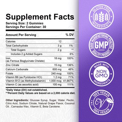 Iron Gummies - with Calcium, Zinc, Folate Vitamin B12, C, B6 for Adults Kids - Blood Builder Energy Support for Iron Deficiency, Anemia, Vegan - Grape Flavour,60 Gummies