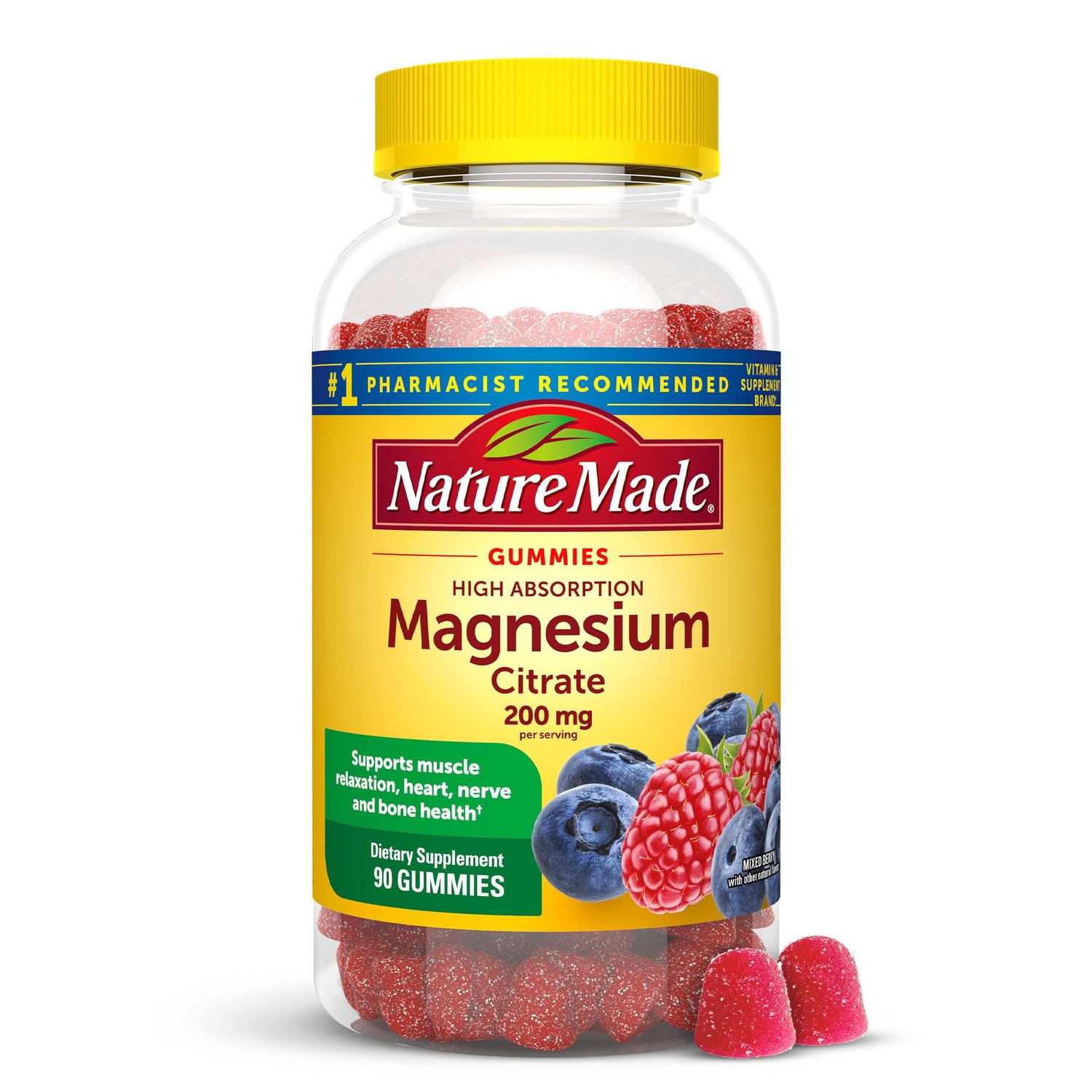 Nature Made High Absorption Magnesium Citrate 200 mg per serving, Magnesium Supplement for Muscle, Nerve, Bone and Heart Support, 90 Magnesium Gummies, 45 Day Supply