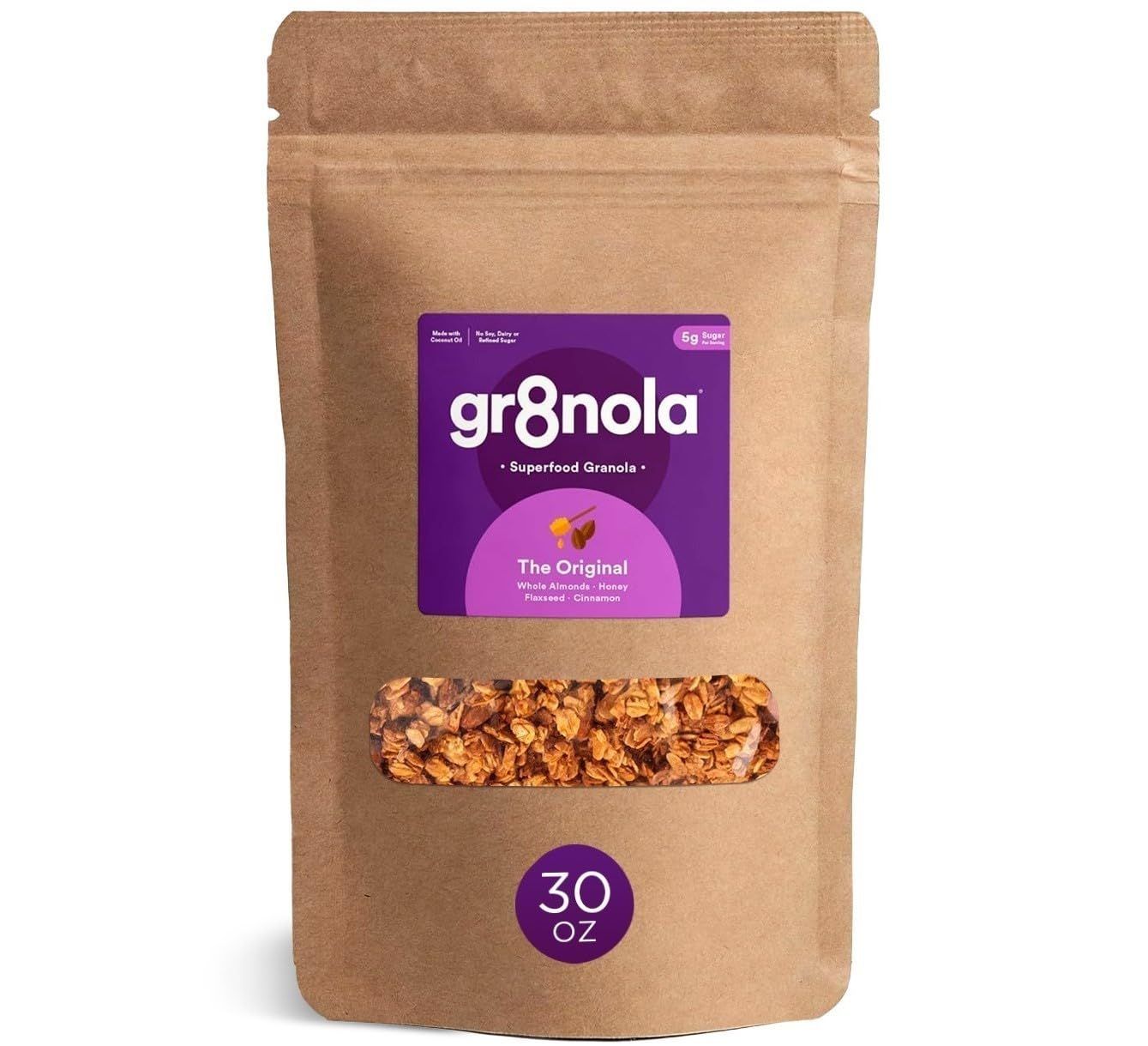 gr8nola THE ORIGINAL - Healthy, Low Sugar Granola Cereal - Made with Superfoods, Whole Almonds, Honey, Cinnamon and Flaxseed, Soy Free, Dairy Free and No Refined Sugar - 30oz (1.8 lb) Resealable Bag
