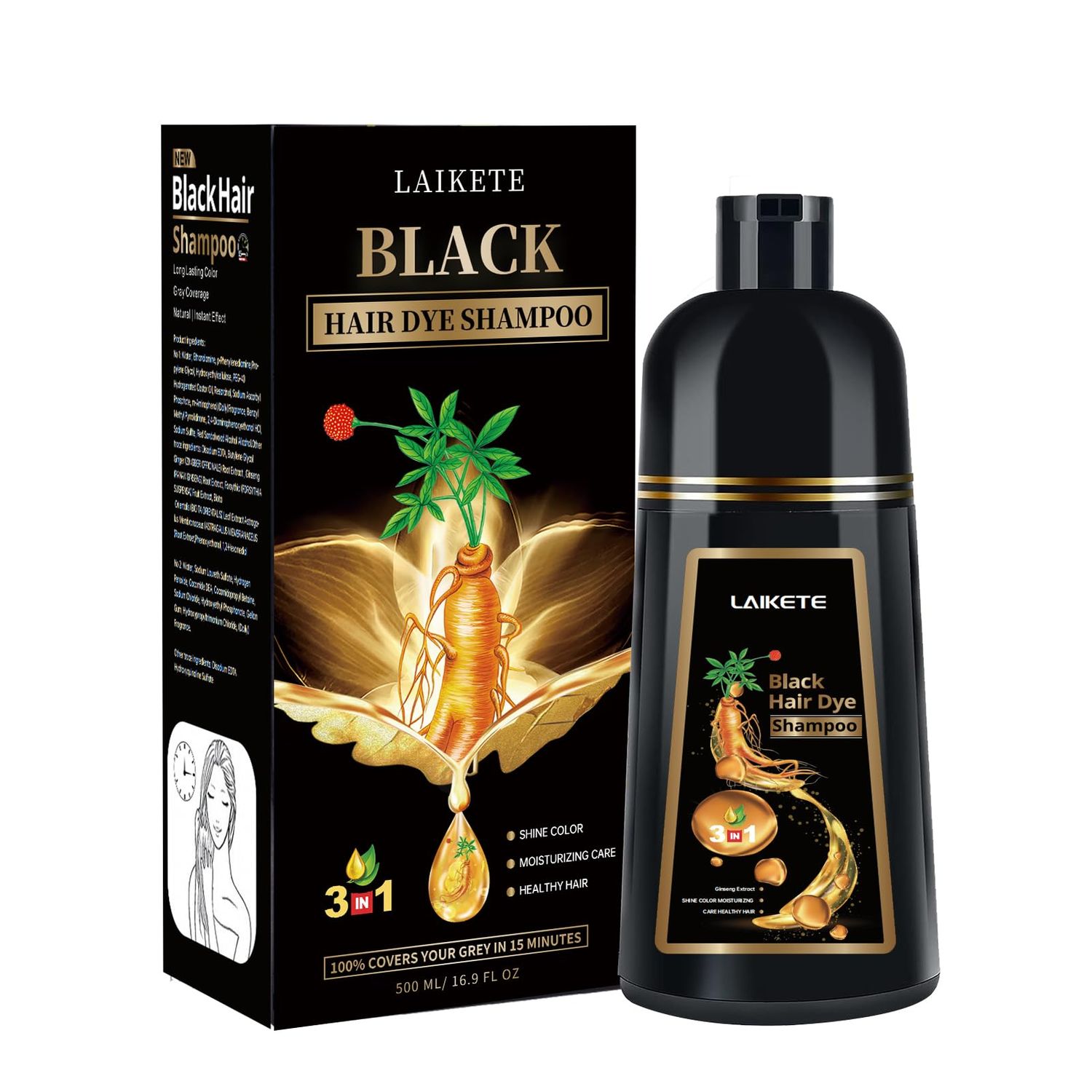 LAIKETE Black Hair Dye Shampoo 3 in 1 for Gray Hair Coverage, Instant Hair Color Shampoo for Men Women, Herbal Ingredients Hair Color Shampoo in 10-15 Minutes (500mL,16.9 Fl Oz)