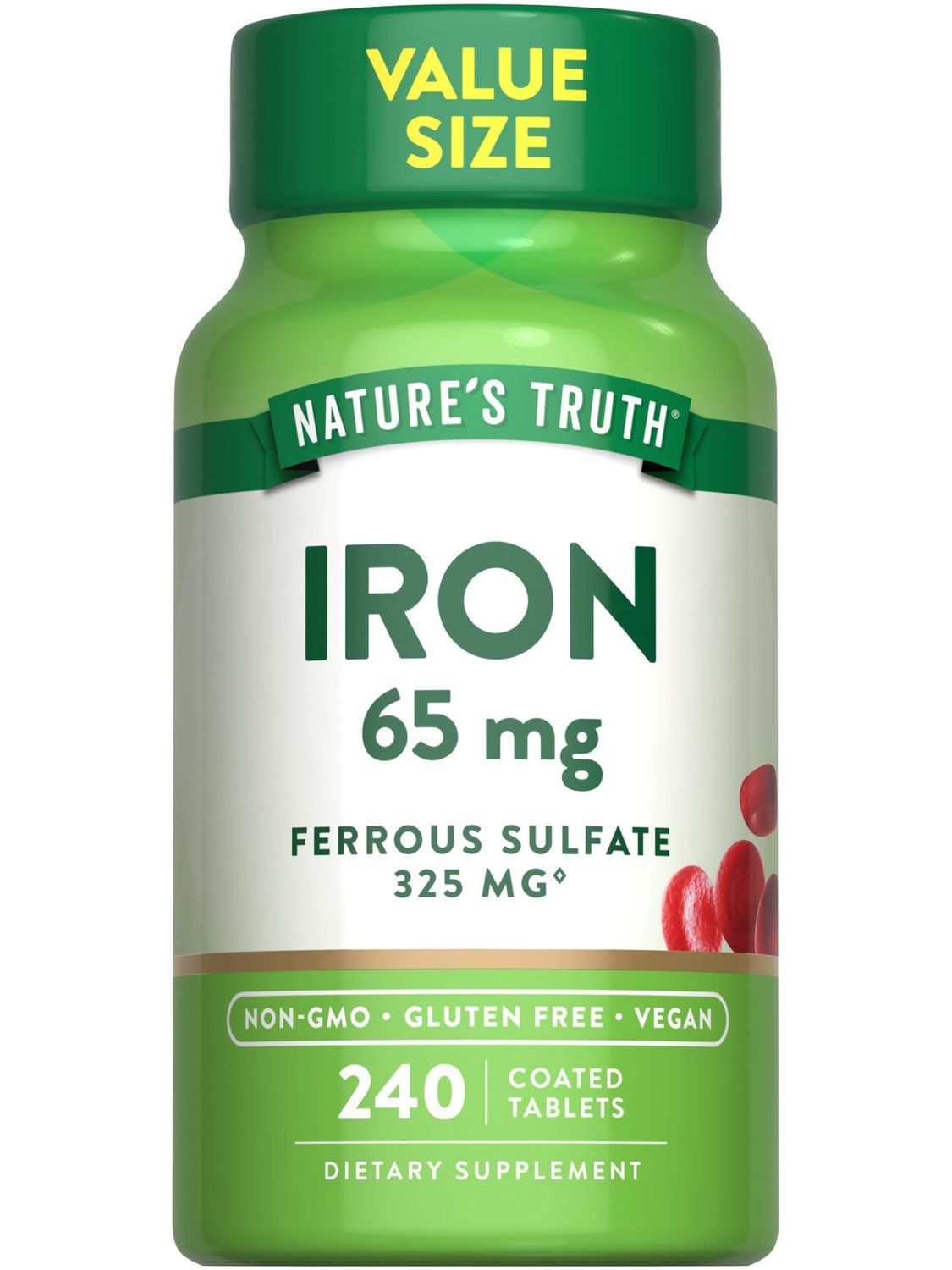 Nature&#39;s Truth Iron Tablets 65mg 240 Count 325mg Ferrous Sulfate Vegan, Non-GMO Gluten Free Supplement