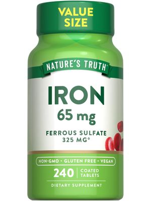Nature&#39;s Truth Iron Tablets 65mg 240 Count 325mg Ferrous Sulfate Vegan, Non-GMO Gluten Free Supplement