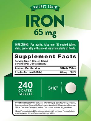 Nature's Truth Iron Tablets 65mg 240 Count 325mg Ferrous Sulfate Vegan, Non-GMO Gluten Free Supplement