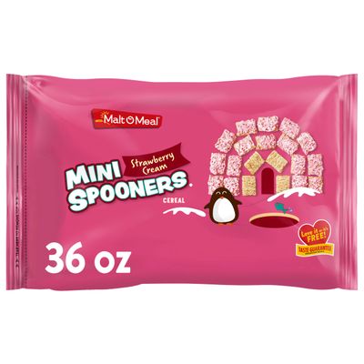 Malt-O-Meal Strawberry Cream Mini Spooners Shredded Wheat Cereal, Frosted Strawberry Breakfast Cereal Squares, Large Cereal for Family, 36 OZ Resealable Cereal Bag
