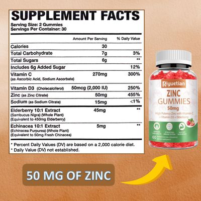 Zinc Gummies - 50mg High Potency Zinc with Vitamin C Vitamin D3 Elderberry - Immune Health Support - Vegan, Non-GMO and Gluten Free - 60 Gummies