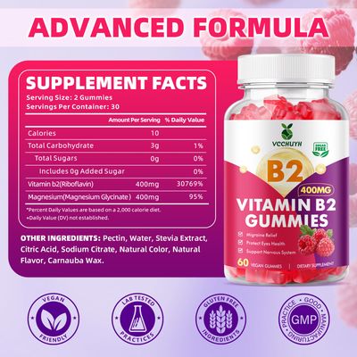 VCCHUYH Vitamin B2 Gummies for Kids Adults, VIT B2 Riboflavin 400mg Supplement with Magnesium for Migraine Relief Nervous System Support, Non-GMO, Vegan, Raspberry Flavor 60 Count