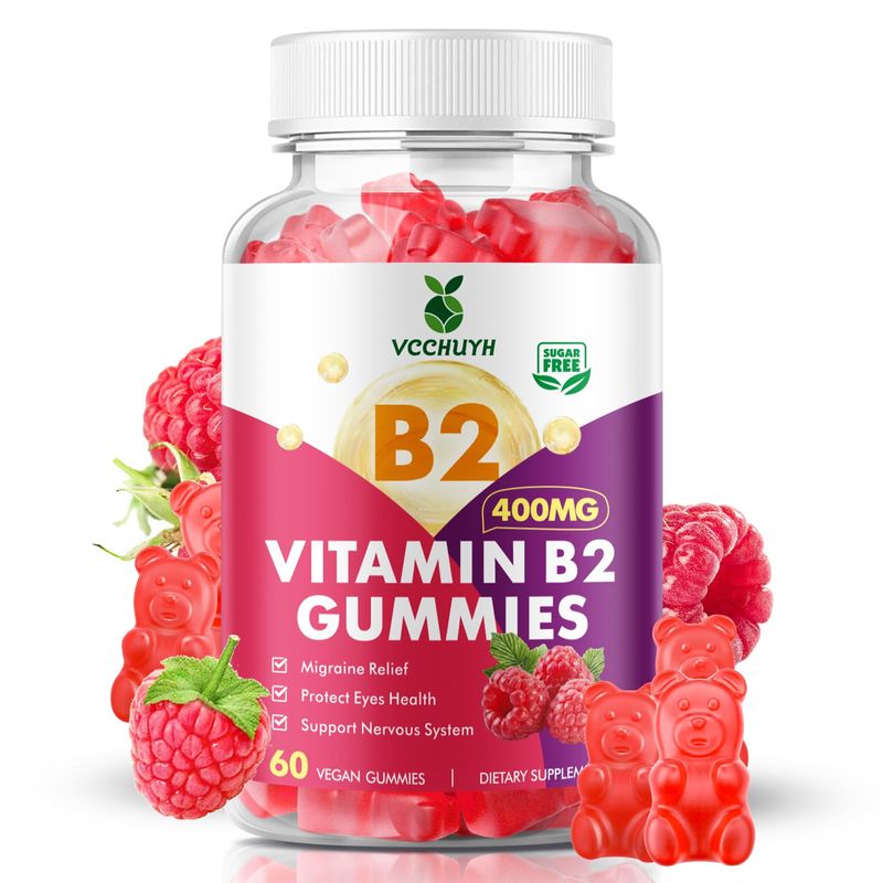 VCCHUYH Vitamin B2 Gummies for Kids Adults, VIT B2 Riboflavin 400mg Supplement with Magnesium for Migraine Relief Nervous System Support, Non-GMO, Vegan, Raspberry Flavor 60 Count