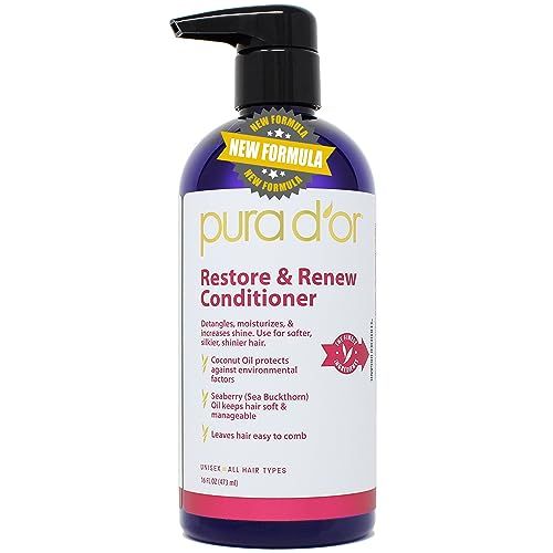 PURA D&#39;OR Restore Renew Conditioner (16oz) with Coconut Oil, Seaberry Oil, Aloe Vera, Glycerin, Geranium Oil, Lime Oil, Cedarwood Oil for Nourishing, Detangling, Moisturizing, and Enhancing Shine