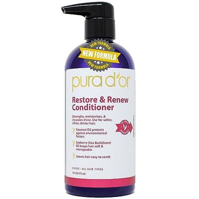 PURA D&#39;OR Restore Renew Conditioner (16oz) with Coconut Oil, Seaberry Oil, Aloe Vera, Glycerin, Geranium Oil, Lime Oil, Cedarwood Oil for Nourishing, Detangling, Moisturizing, and Enhancing Shine