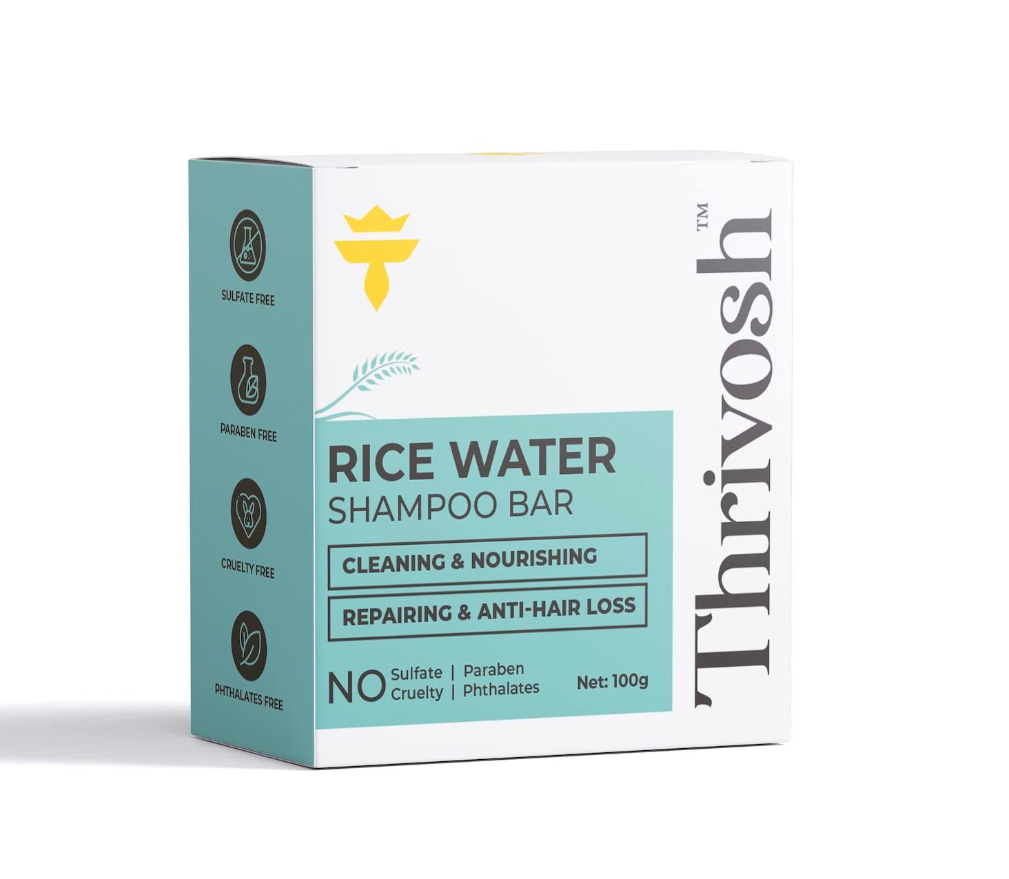 Thrivosh Rice Water for Hair Growth Shampoo Bar - 2 in 1 Shampoo and Conditioner Bar - pH Balanced Vegan Friendly Dry Shampoo Bar for All Hair Types - Anti-Loss and Repairing 100g