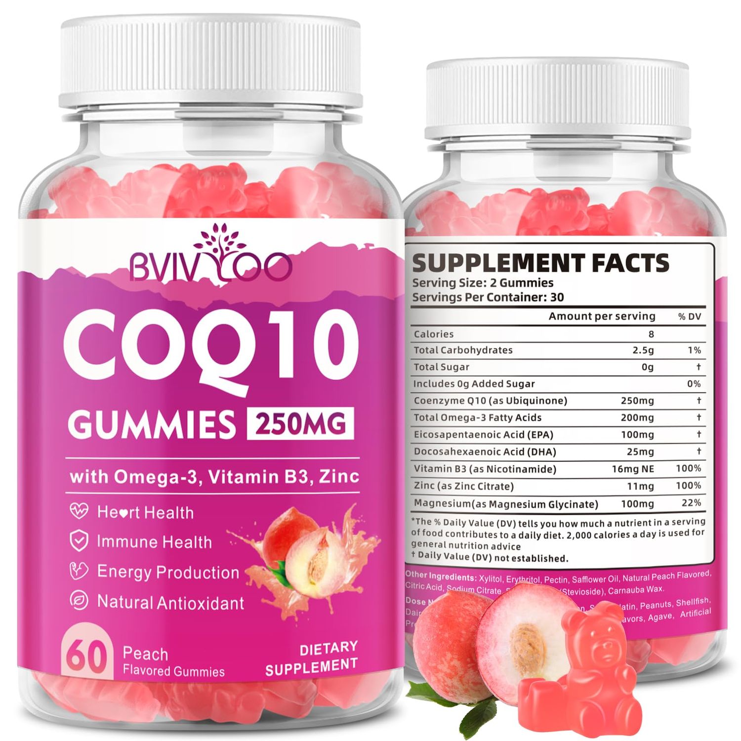 Sugar-Free CoQ10 Gummies 250mg, Plus Omega-3, Vitamin B3 Zinc, Magnesium - High Absorption Coenzyme Q10 Supplements for Heart Health, Cellular Energy, Antioxidant Support, 60 Count