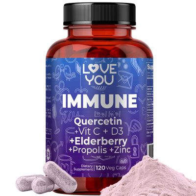Love You Immune Organic Elderberry Quercetin Propolis Echinacea Extract 4 Zinc Vitamin C D3 7- Immunity Boosting Blend 120 Veggie Caps 60 Servings