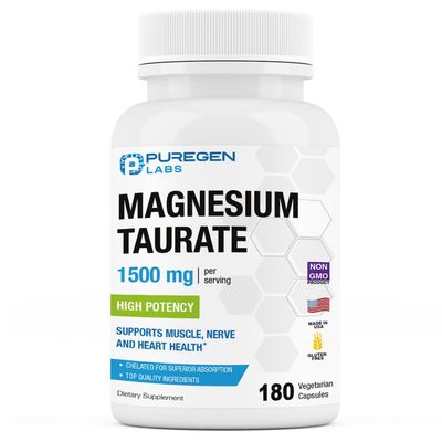 Puregen Labs Magnesium Taurate 1500mg per Serving High Elemental Magnesium Potency 180 Veggie Caps, Chelated for Superior Absorption, Non-GMO, NO Gluten and Dairy Made in USA