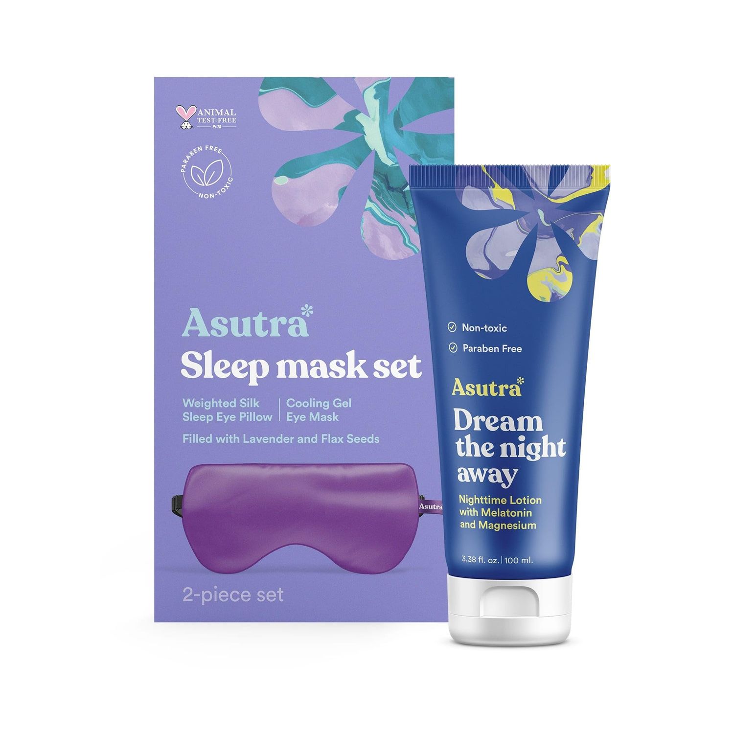 ASUTRA Dream Sleep Bundle - Purple Silk Eye Pillow Box Set and Dream The Night Away Lotion with Magnesium and Melatonin