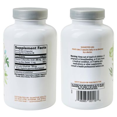Quantum Health Quercetin 750mg Powerful Immune Support Supplement Zinc 11mg Vitamin C 200mg Seasonal Immunity Boost Respiratory Health Gut Support Complex for Women Men - 180 Capsules