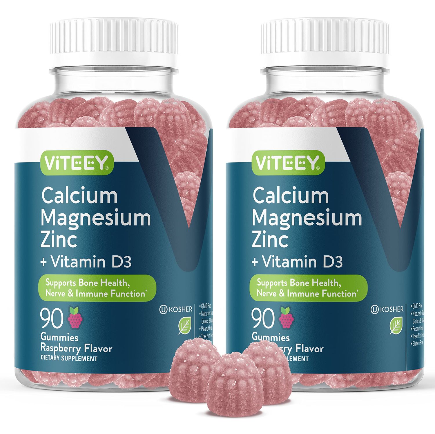 Calcium Magnesium Zinc Gummies with Vitamin D3 - Supports Bone Health, Nerve Immune Function - Calcium Magnesium Zinc D3 Supplement for Adults Teens - GMO Free - Chewable Raspberry Flavored Gummy