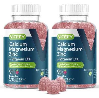 Calcium Magnesium Zinc Gummies with Vitamin D3 - Supports Bone Health, Nerve Immune Function - Calcium Magnesium Zinc D3 Supplement for Adults Teens - GMO Free - Chewable Raspberry Flavored Gummy