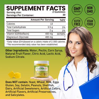 duwhot Vitamin B2 Gummies with Magnesium- Riboflavin 400mg for Migraine Relief Headache Relief, B2 Vitamins Gummies for Adults Kids, Vegan, 60 Chewable