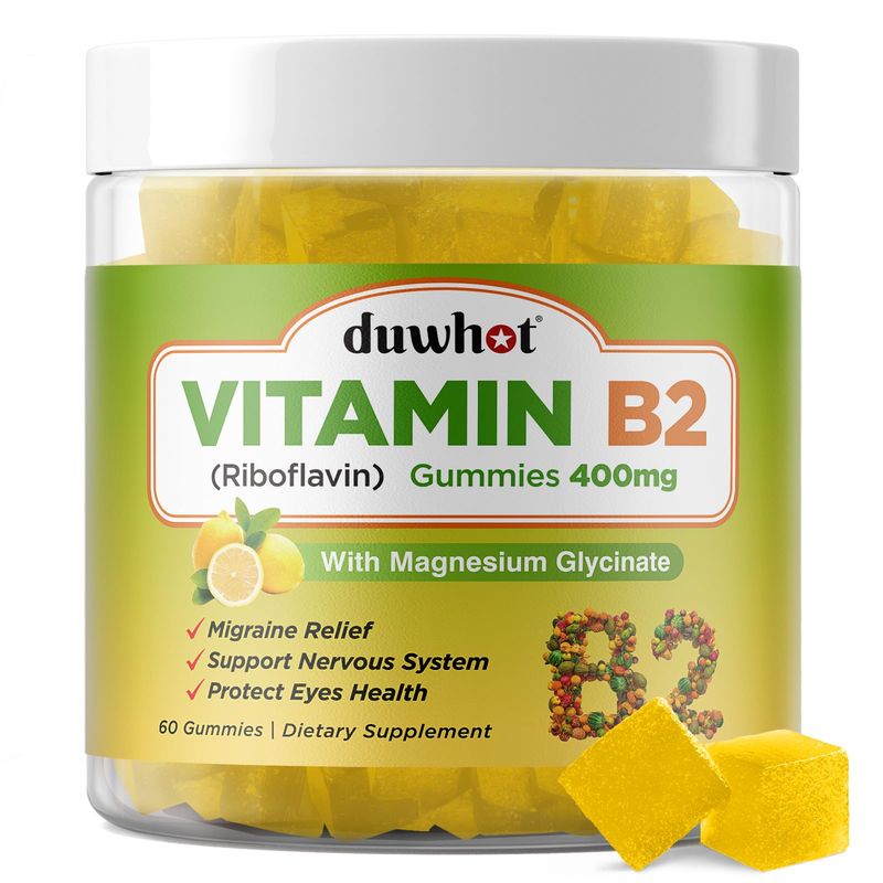 duwhot Vitamin B2 Gummies with Magnesium- Riboflavin 400mg for Migraine Relief Headache Relief, B2 Vitamins Gummies for Adults Kids, Vegan, 60 Chewable