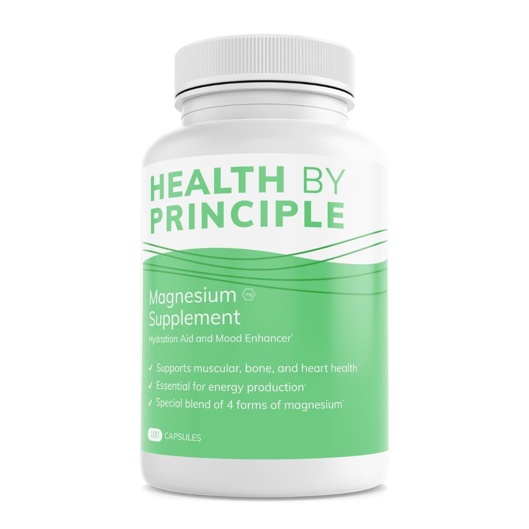 Health by Principle Magnesium Supplement 4 Types of Magnesium in 1 Capsule Glycinate, Malate, Taurate, Citrate for Muscles Sleep High Absorption Vegan, Non-GMO 100 Capsules