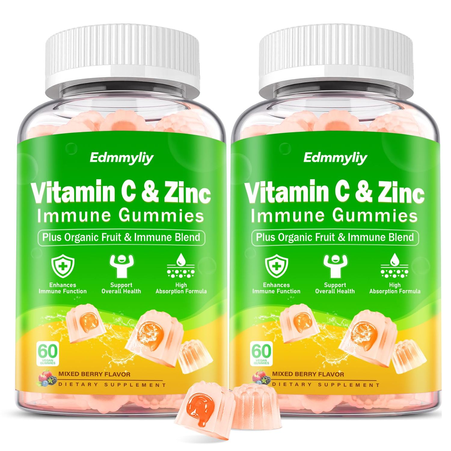 Edmmyliy Organic Vitamin C Gummies for Adults - Chewable Vitamin C with Zinc Iron and Vitamin D3 5000iu for Women Men - Immune Support Supplement Gummies