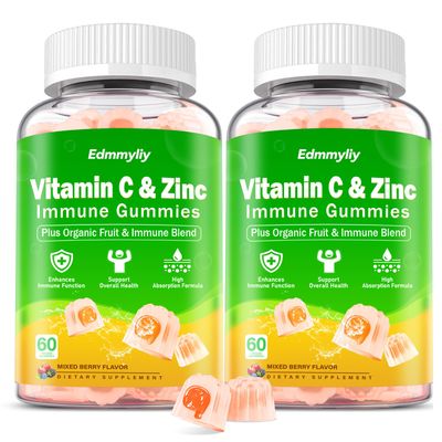 Edmmyliy Organic Vitamin C Gummies for Adults - Chewable Vitamin C with Zinc Iron and Vitamin D3 5000iu for Women Men - Immune Support Supplement Gummies