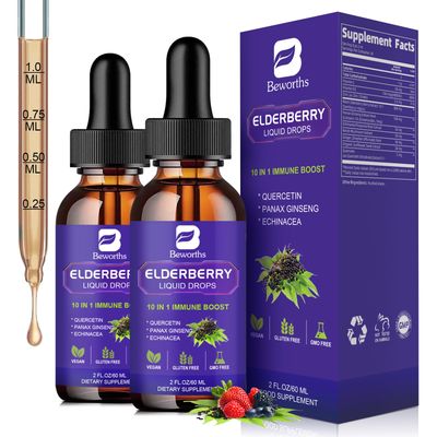 B BEWORTHS 2 Pack Elderberry Syrup, Black Elderberry Drops with Quercetin, Panax Ginseng, Vitamin C and Zinc, Sambucus Elderberry Syrup Liquid for Immune Support, Vegan, Non-GMO Gluten Free