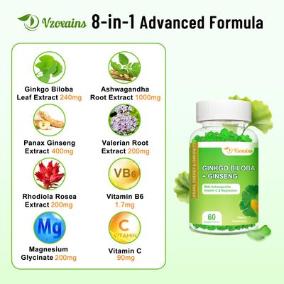 VZOXAINS Ginkgo Biloba Gummies with Ginseng and Magnesium, Ginko Biloba Supplements Gummies for Brain Focus, Mood and Memory for Adults, 120 Cts
