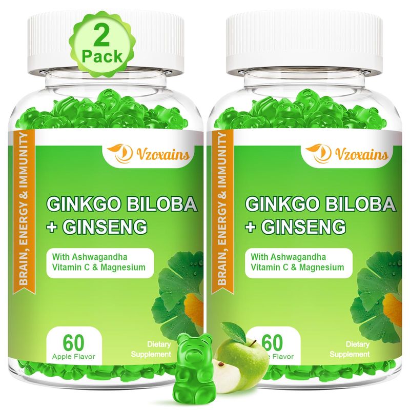 VZOXAINS Ginkgo Biloba Gummies with Ginseng and Magnesium, Ginko Biloba Supplements Gummies for Brain Focus, Mood and Memory for Adults, 120 Cts