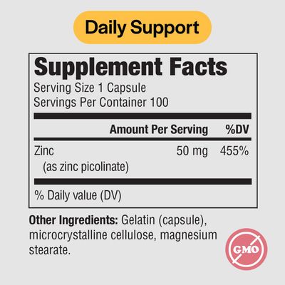 PureFormulas Zinc Picolinate 50 mg - Immunity Hormone Support - Bioavailable 50 mg Zinc Supplement 100 Capsules