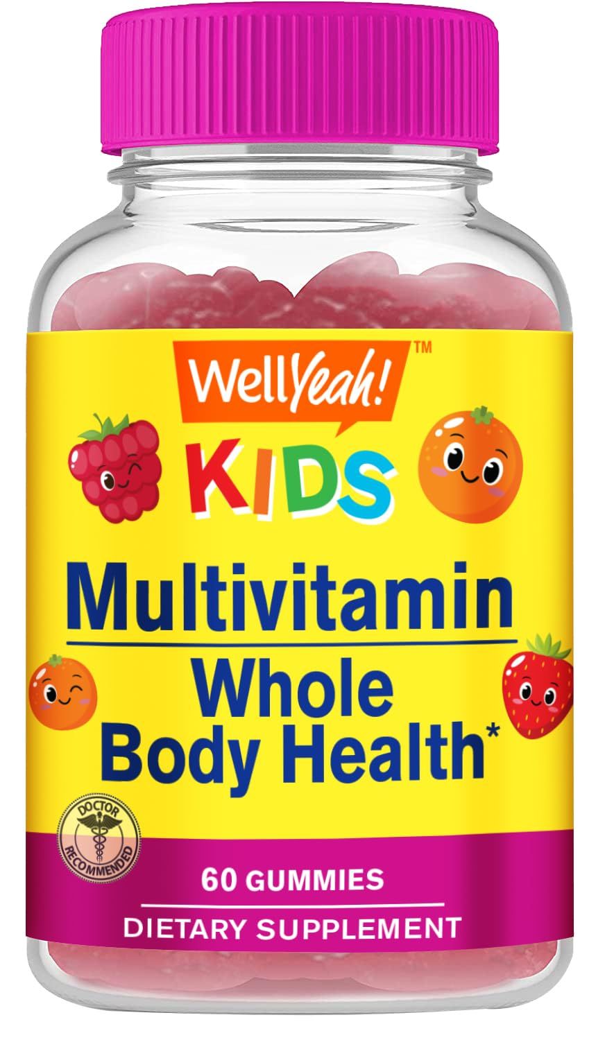 WellYeah Kids Multivitamin Gummies Vitamin C, D3, E, A, B6, B12, Biotin, Zinc, Folic Acid, Iodine, and Niacin Immune and Energy Support Orange and Berry Flavor 60 Count