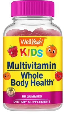 WellYeah Kids Multivitamin Gummies Vitamin C, D3, E, A, B6, B12, Biotin, Zinc, Folic Acid, Iodine, and Niacin Immune and Energy Support Orange and Berry Flavor 60 Count
