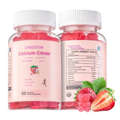 Chewable Calcium Citrate Gummies 1000mg with Vitamin D3 K2, B6 B12, Magnesium, Zinc for Bones, Muscles Joints,Immunity Memory Support,Sugar-Free, Gluten Free, Vegetarian, Strawberry, 60 Count