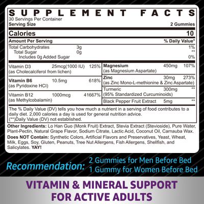 Zinc and Magnesium Supplement, Zinc Magnesium Aspartate Post Workout Gummies for Men Women, wVitamin B6, B12, D3, Turmeric for Nighttime Muscle Recovery, Boost Immunity Sleep, Sugar Free, 120 Cts